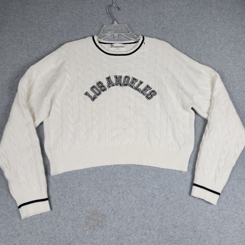 No Boundaries Los Angeles Cropped Sweater Womens Large White Cable Knit Crewneck